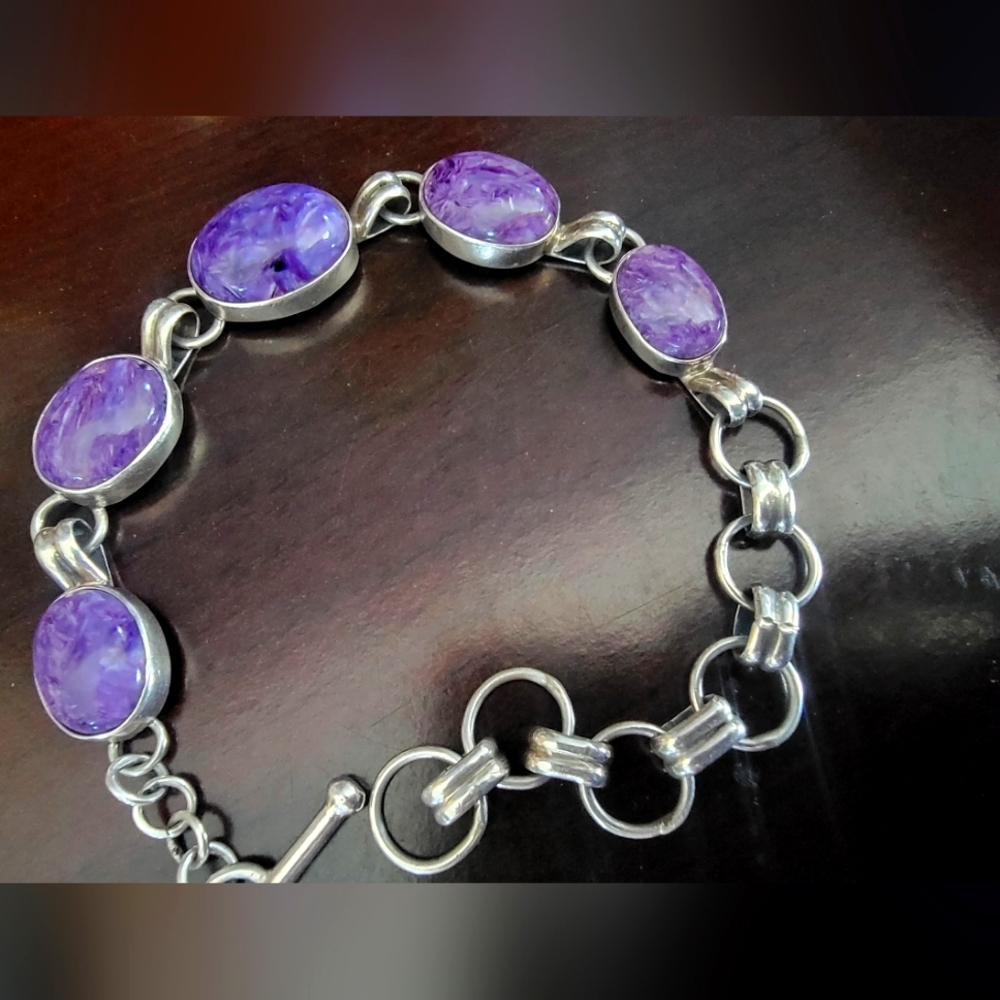Beautiful Native American Charoite Link Bracelet, Sterling Silver